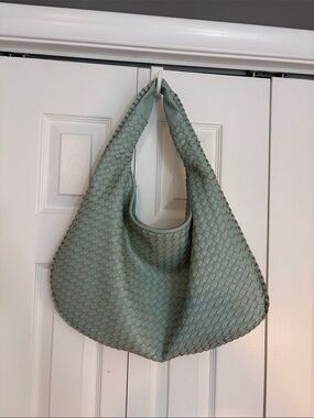 Blue green Woven Shoulder Bag with Padded Strap